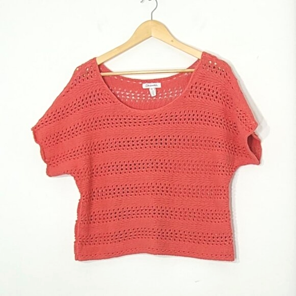 Aeropostale Red Orange Cotton Blend Short Sleeve Crochet Knit Crop Top Medium
